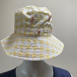 Zara Yellow and White Gingham Bucket Hat with Pink Bead Trim.